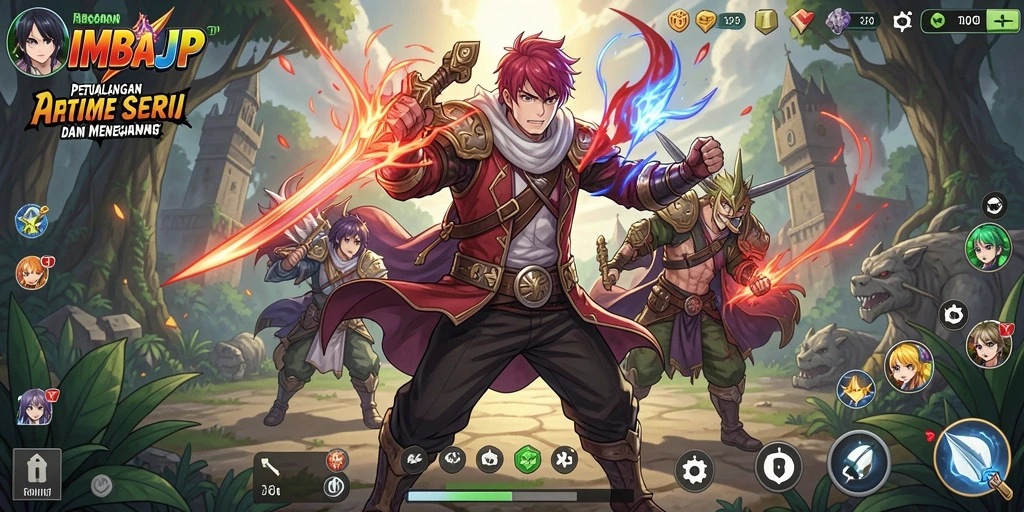 Screenshot gameplay IMBAJP menampilkan pertarungan karakter anime yang seru.