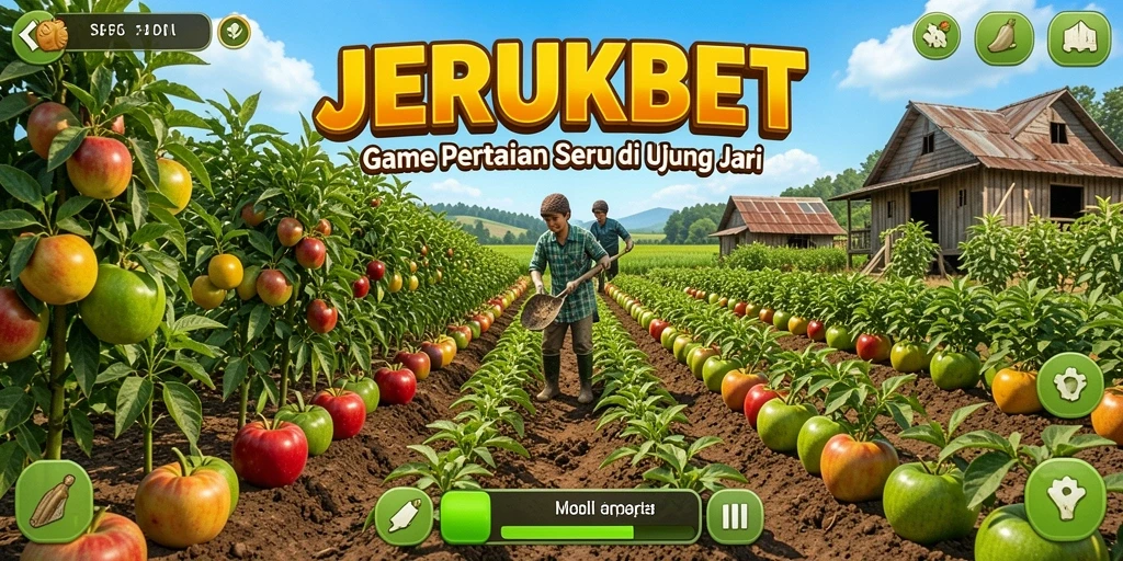 Tampilan gameplay <strong>JERUKBET</strong> yang memperlihatkan kebun yang subur dan berwarna-warni.