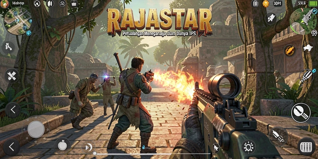 Tampilan gameplay seru RAJASTAR dengan aksi tembak-menembak yang mendebarkan.