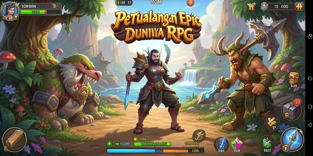 Screenshot utama menunjukkan karakter dalam pertempuran yang mendebarkan di dunia RPG.